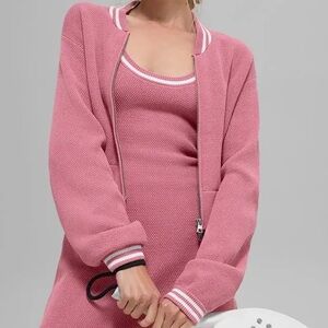 Alo Yoga Tennis Club Sweater Knit Full Zip Jacket Pink Wild Rose/White M